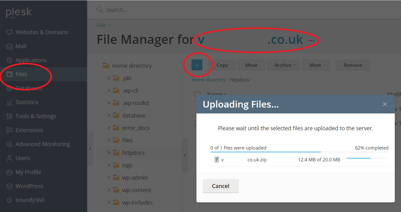 Upload files in Plesk using file manager