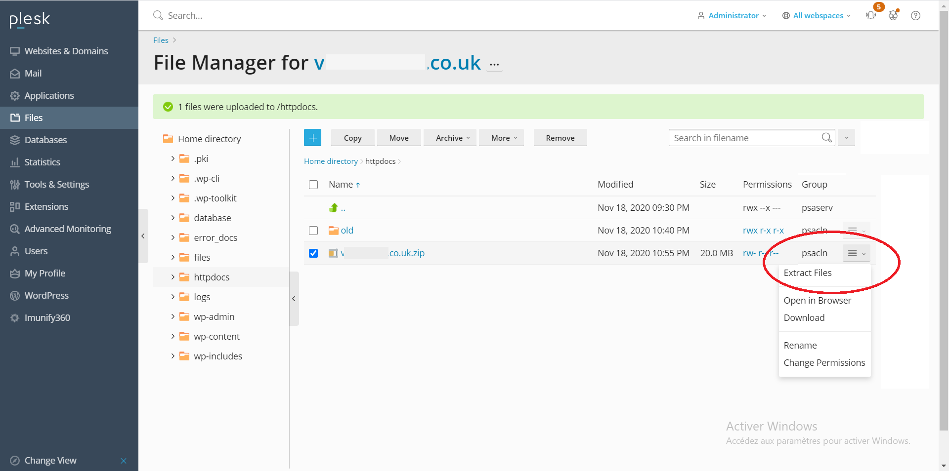 Extract the ZIP file in Plesk