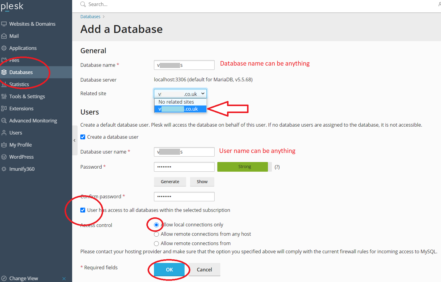 Add database in Plesk