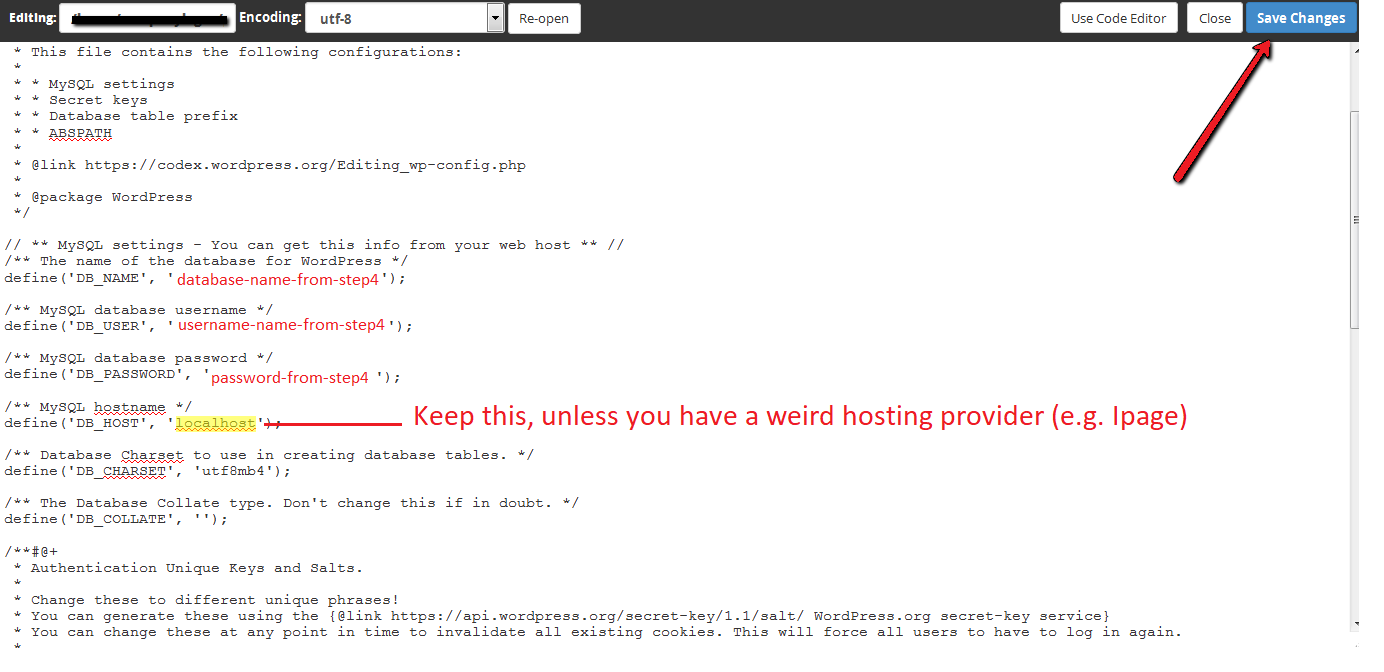 Edit wp-config connection info of the databse on Plesk